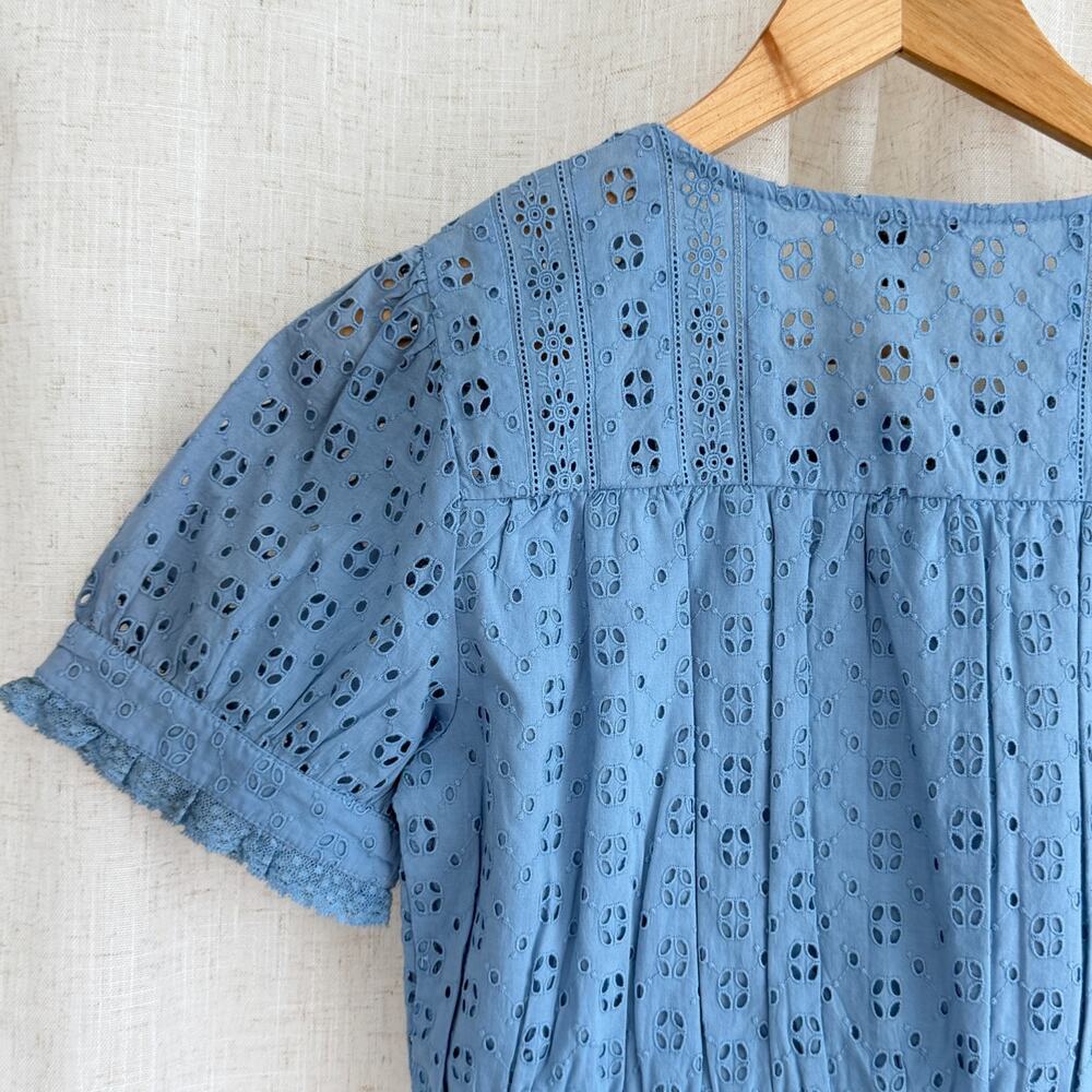 J. Crew Blouse Womens Small Blue Eyelet Cottagecore Coquette Romantic Milkmaid - Picture 7 of 9